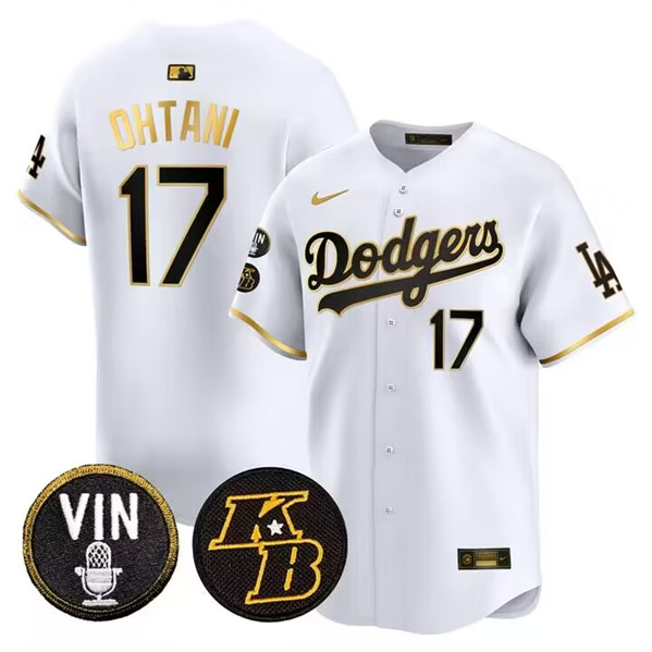 Los Angeles Dodgers #17 Shohei Ohtani White Gold Vin Kobe Patch Cool Base Stitched Jersey